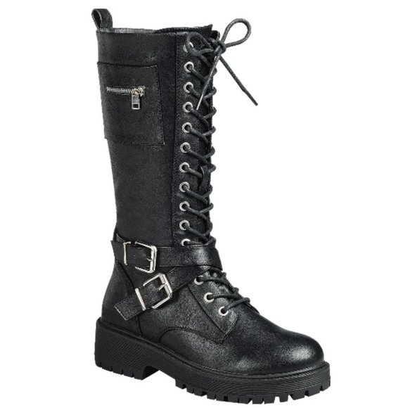 New Black Lace Up Knee High Combat Military Boots - Picture 3 of 6